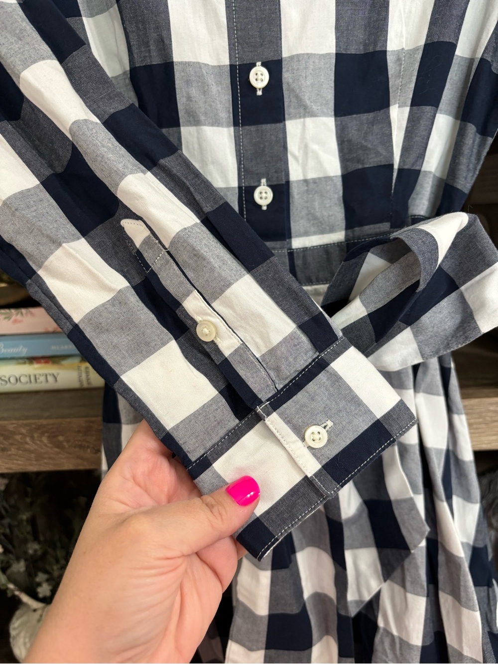 J. Crew Navy and White Gingham Tie-Waist Shirt Dress - Picture 5 of 7